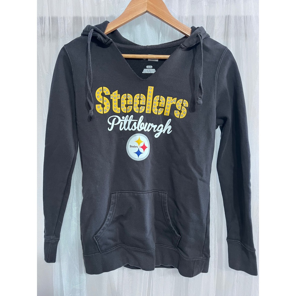 NFL Team Apparel Pittsburgh Steelers Womens Black Rhinestone V-Neck Hoodie Small